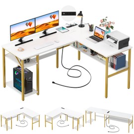 Unikito Reversible L Shaped Desk with Magic Power Outlets and USB Charging Ports, Sturdy Corner Computer Desk with Storage Shelves, Gaming Table Home Office Desk, Easy to Assemble, White and Gold