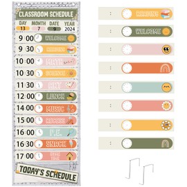MotiMind Daily Schedule Pocket Chart for Classroom, Calendar Pocket Chart 13+1 Pockets, 21 Reusable Cards for Classroom School 13" x 36" (Bright Color,Retro)