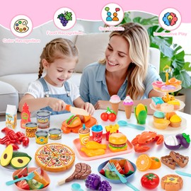 EFOSHM Pretend Play Food Sets for Kids Kitchen, Cutting Toy Food for Toddlers, Play Kitchen Accessories with Storage Bag, Fake Food Fruit Dessert Pizza, 3 4 5 6 Years Boys Girls Gift