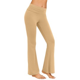 Ekouaer Fold Over Yoga Pants for Women Flare Leggings Comfy Pajama Pants Lounge Bell Bottom Pants Light Tan L
