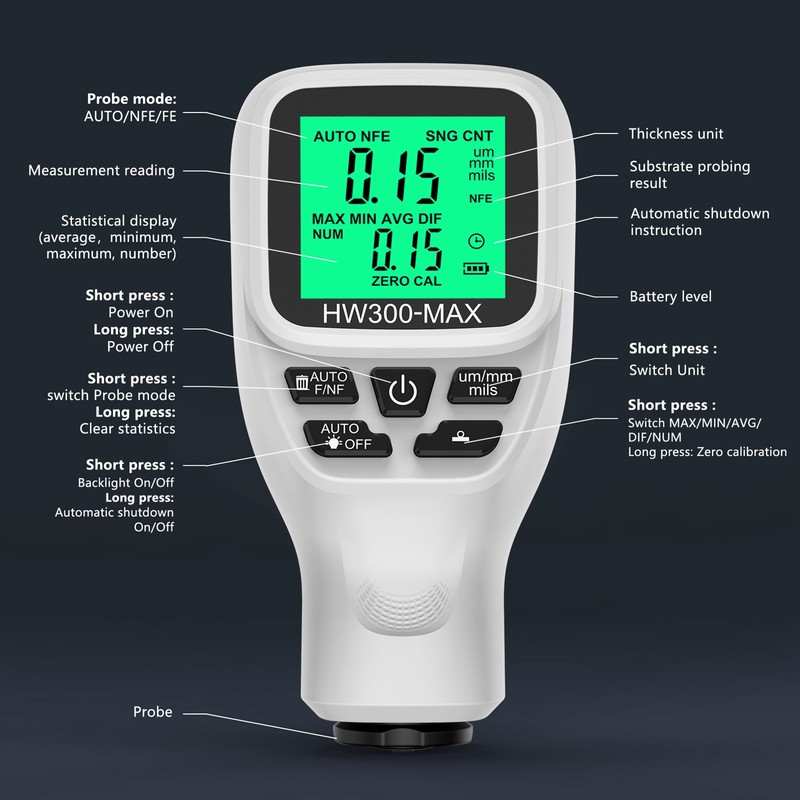 0-2000UM Thickness Gauge High Precise LCD Digital Automobile Film Thickness
