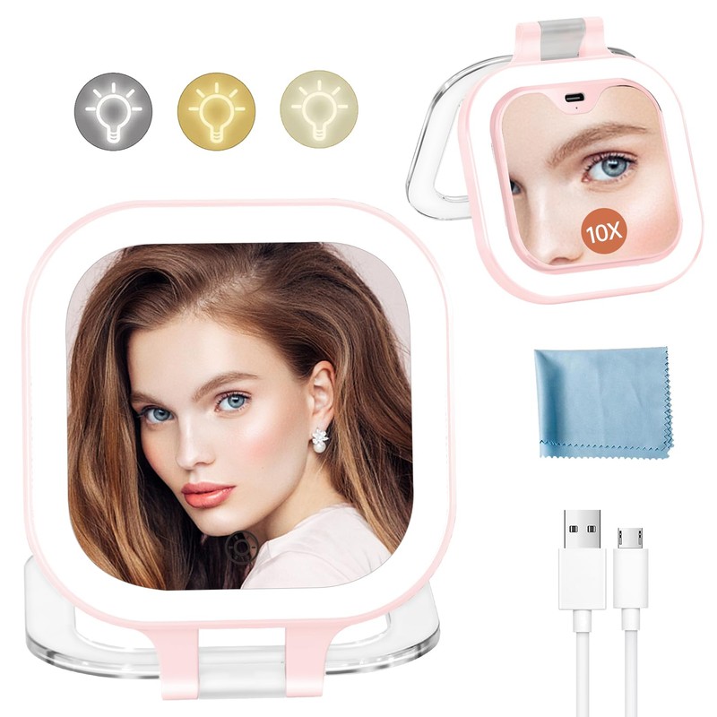 FASCINATE 10X Magnification Compact Travel Makeup Mirror with Lights and