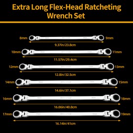 GRENPRO Extra Long Flex-Head Ratcheting Wrench Set Metric and Standard, Large Double Box End Wrench Set 72 Tooth 7PC 8-19MM Organizer with Roll Up Pouch with Gauge, Big Ratchet Wrenches Kit Tool Sets