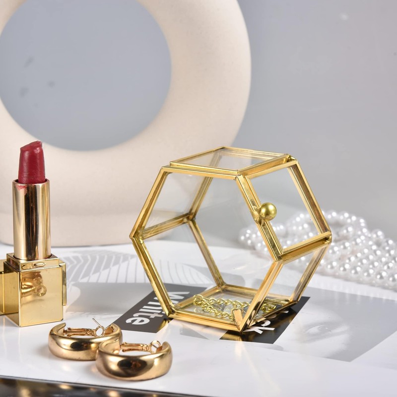 Feyarl ジュエリーボックス ジュエリー入れ リングピロー ジュエリー収納 ガラスボックス 六角形 ゴールド 7.5cm