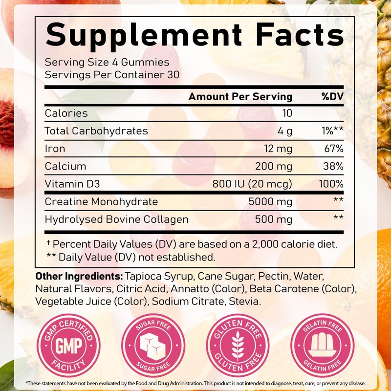 Creatine Monohydrate Gummies 5000MG with L-Taurine, BCAA, B12/6, 120 Count