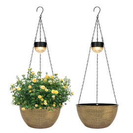 2 Packs Hanging Planters Basket for Outdoor Plants, Solar Powered Self Watering Copper Round Plastic Flower Pots with Drainer for Balcony Patio Garden Outdoor Decoration