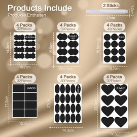 256 Etiquetas Adhesivas de Pizarra Impermeables con Rotulador para Contenedores Alimentos de Cocina, Tarros, Vidrio, Especias, Tazas, Botellas (6 Formas Surtidas, 24 Hojas, 2 Bolígrafos)