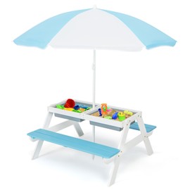 Costzon Kids Picnic Table with Sensory Bins, 4 in 1 Sand and Water Table with Height Adjustable Umbrella, Removable Tabletop for Outdoor Backyard Patio Play