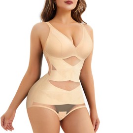 Bafully V Neck Bra Bodysuit Shapewear for Women Tummy Control Waist Trainer Full Body Shaper Butt Lifter Briefs Jumpsuit Tops (Beige, L)