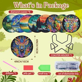 Sitsink Deer Diamond Painting Coasters - 8 Pcs Diamond Art Coasters Kit, DIY Cup Holder Art Diamond Painting Coasters, Forest Deer Diamond Painting Coasters, Art Drink Coasters with Holder