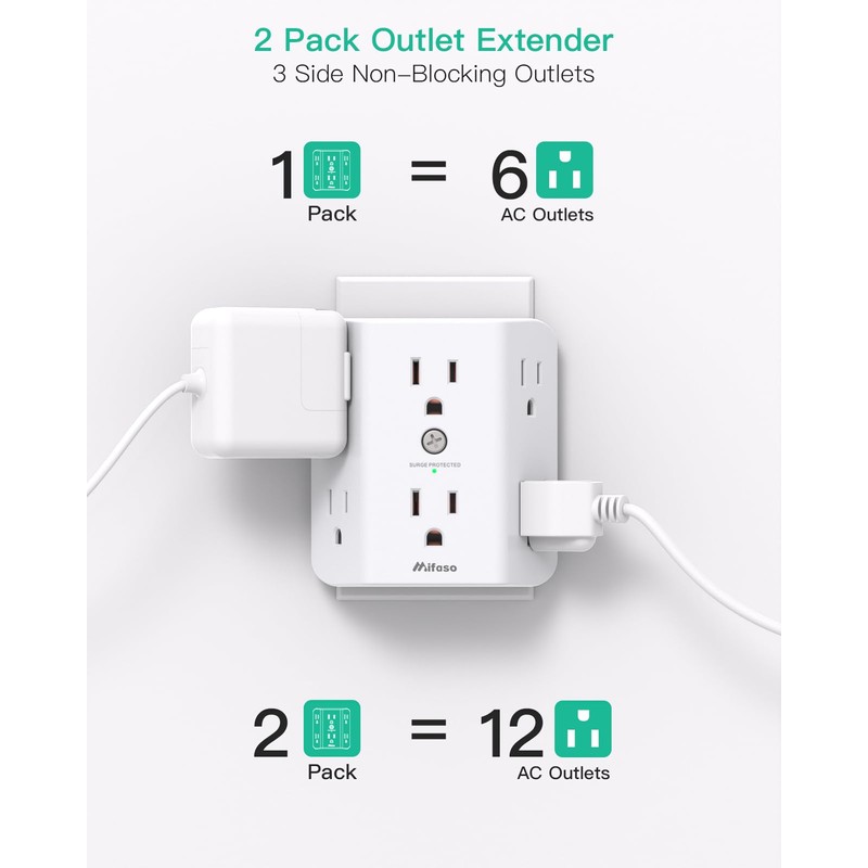 2 Pack Surge Protector Outlet, Outlet Splitter, Multi Plug Wall