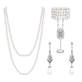 SAVITA 1920s Pearl Jewelry Set, 3pcs Roaring 20s Jewelry Set Flapper Pearls 1920s Faux Pearls Necklace and Earrings Bracelet Ring Set 1920s Accessories for Gatsby Party Costume Party Women Girls