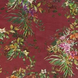 NOVELY® Papaya Velour with Palm Trees and Flowers Velvety Furniture Fabric (03 Bordeaux Red)