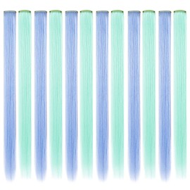 JCHDWSGUO Pack of 10 Coloured Hair Extensions 21 Inch Heat-Resistant Synthetic Straight Hair Extensions Clip in Girls Women Holiday Party Hair Highlights (Light Blue Light Green)