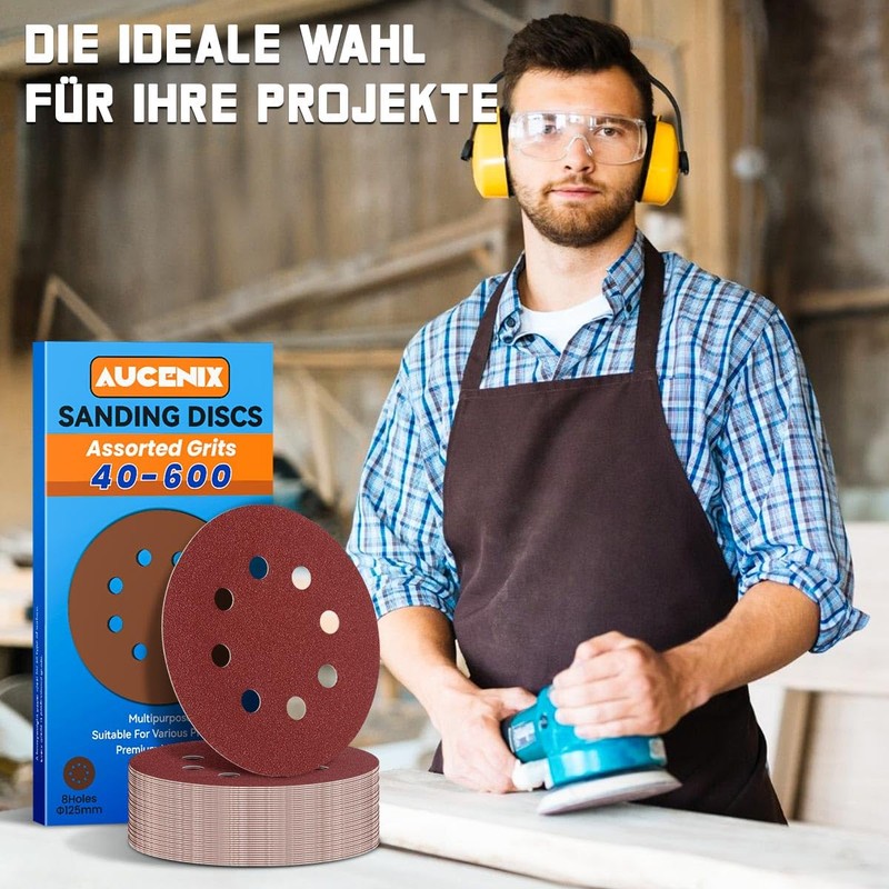 Aucenix 50 pieces sandpaper 125 mm Velcro: 8 holes sanding