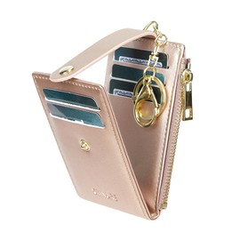 Cynure Women's & Men's Leather RFID Blocking Card Holder Slim Small Zipper Keychain Front Pocket Wallet with 2 ID Windows, 1-plain-rose gold, Standard size, Casual