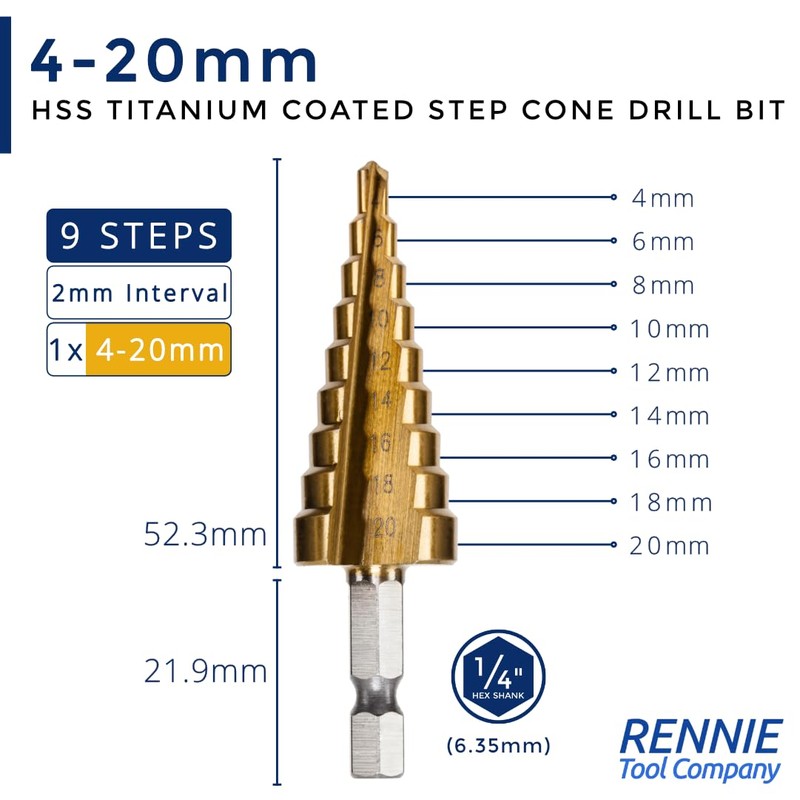 RENNIE TOOLS - 3 Piece Large HSS Step Cone Drill