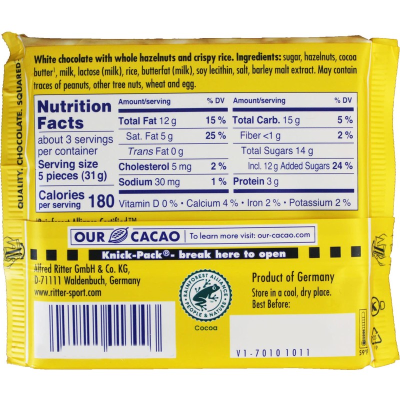 Ritter Sport 100g White Chocolate Whole Hazelnuts Candy Bar
