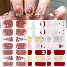3 Sheets Christmas Gel Nail Stickers Red Gel Nail Polish Strips Nail Wraps Stickers DIY Self-Adhesive Nail Art Decals Full Wraps with Santa Claus Xmas Tree Designs Gel Nail Strips Decals for Women