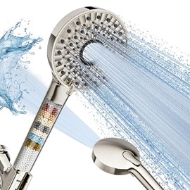 Magichome Filtered Shower Head with Handheld, High Pressure 10-Spd Detachable Chrome Showerhead with Stainless Hose, Water Softener Filter Beads for Hard Water - Remove Chlorine, Brushed Nickel-Silver