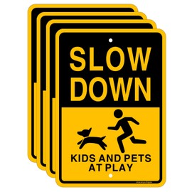 Slow Down Kids and Pets at Play Sign,17 x 12 inches,Reflective Aluminum,UV Protected,Weather Resistant,Waterproof,Durable Ink,Outdoor Use,Easy to Mount(4 Pack)