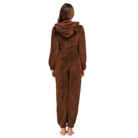 chouyatou Women's Ultra Comfy Lounge Furry Sherpa Romper Onesie Pajamas Cute Ear Hood (Small, Brown)