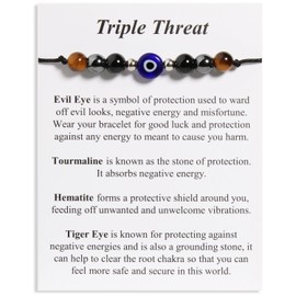QqzsJewls Evil Eye Beaded Bracelets for Women, Triple Protection Bracelet Gifts for Men, Empath Protection, Energy Protection, Tiger Eye Tourmaline Hematite Natural Healing Stone Bracelets