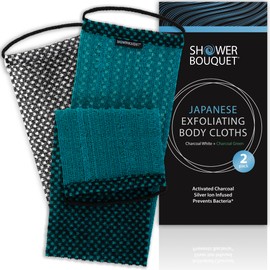 Japanese Exfoliating Washcloth Back & Body 2-Pack by Shower Bouquet: Silver Ions Prevent Bacteria, Activated Charcoal Removes Impurities; 1 Charcoal White, 1 Charcoal Green Exfoliating Towel Soft-Mild