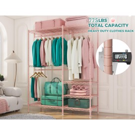 Raybee Clothes Rack Heavy Duty Loads 775LBS Clothing Racks for Hanging Clothes Metal Garment Rack Freestanding Wardrobe Closet Sturdy&Adjustable, Pink