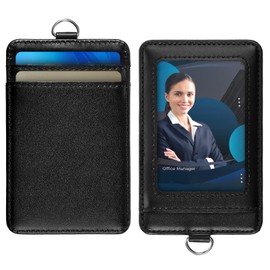2 Pack Leather Id Badge Holder, Vertical Work Badge Holder, Multiple Card Slots Cards Holders, Portable Id Card Protector for Men Women Office Staffs Students Employees Credit Cards, Black