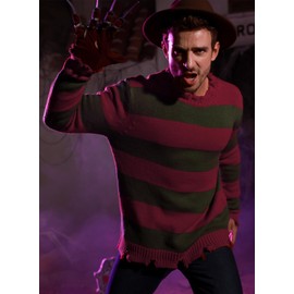 Mainfini Men Freddy Krueger Costume Sweater Adult Nightmare On Elm Street Striped Jumper Pullover Red & Green 3XL