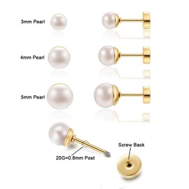1Pairs Flat Back Dainty Pearl Earrings for Women - 14K Gold Hypoallergenic Cartilage Earring 3mm Faux Pearl Stud Earrings Screw Back Gold Stud Earrings for Women, Suitable Gifts for Women
