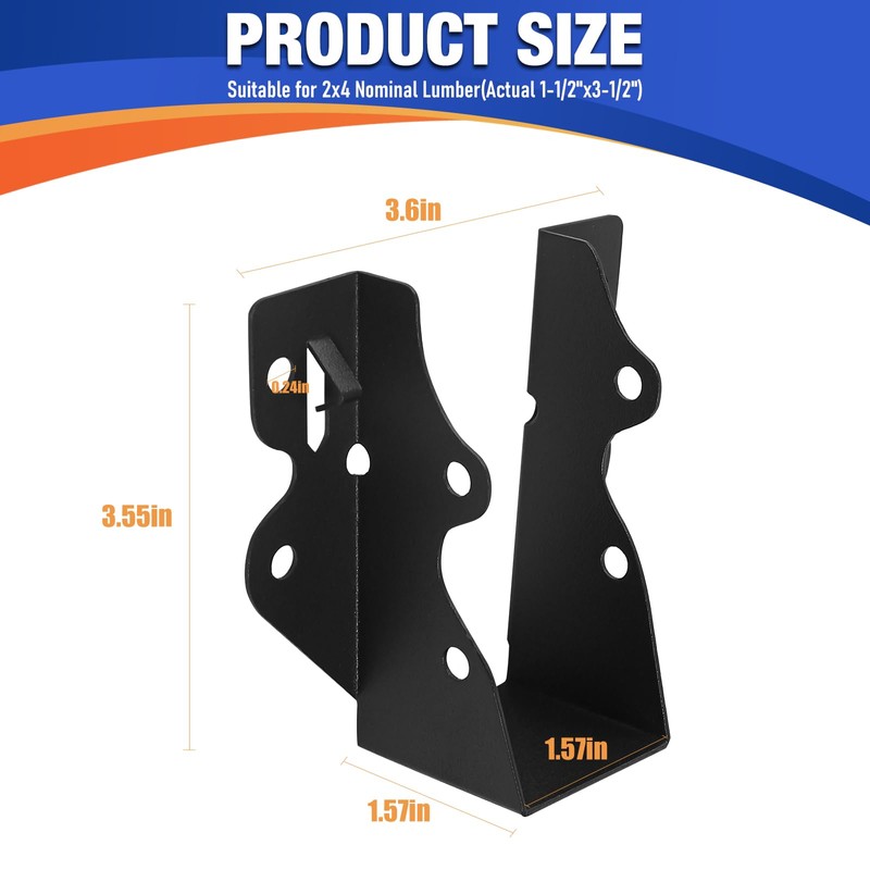 24PCS 2x4 Joist Hanger, Hurricane Ties,Black Powder Coating Joist Brackets