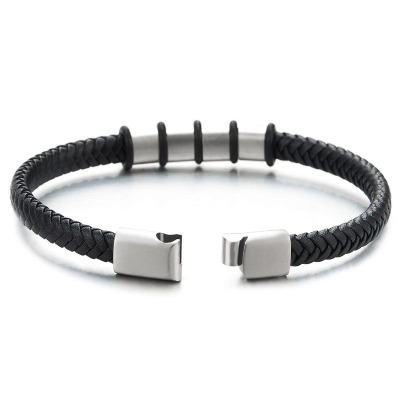 COOLSTEELANDBEYOND Men's Women's Unique Black Braided Leather Bracelet Bangle with