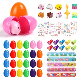 24 Pcs Toy Filled Easter Eggs, Easter Egg Hunt Kit Colourful Surprise Plastic Easter Eggs with Slap Bands/Easter Stamps/Car Toys/Tattoos Stickers for Kids, Basket Stuffers Fillers, Classroom Gifts