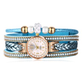 JewelryWe Women's Bohemian Retro Rhinestone Glitter Analogue Quartz Casual Watch with Braided Leather Strap Wrap Bracelet and Clover Key Pendant, Pearl Blue, Vintage