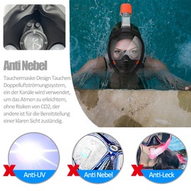 Tyuodna Snorkel Mask Adults and Children, Diving Mask, Full Face Mask, CO2 Safe, 180 Degree Vision Diving Mask, Full Mask, Anti-Fog Snorkeling Mask with Camera Position (All Black, L/XL)