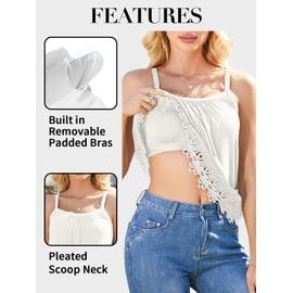 V FOR CITY Womens Flowy Lace Camisole with Built in Bra Adjustable Straps Loose Scoop Neck Tank Top Off White 2XL