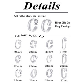Tornito 12 Pairs Clip on Hoop Earrings for Women Geometric Round Twist Chunky Hoop Earrings No Piercing Fake Earrings Silver Tone
