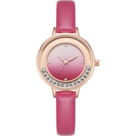 NUOVO Ladies Watch Flowing Crystal Diamond Watch Quartz Wrist Watch for Women Girls Dark Pink Leather Watch Gradient Pink Dial with Rhinestone Hour Mark