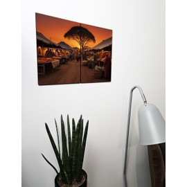 The Plum Penguin South African Market Sunset Scene Wall Art, A4 Dual MDF Wood Panels Canvas Alternative 40 x 30cm