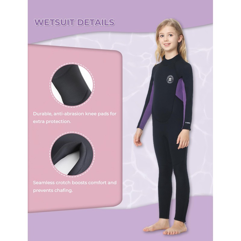 Lemorecn Kids 3mm Back Zip Full Wetsuit for Boys Girls