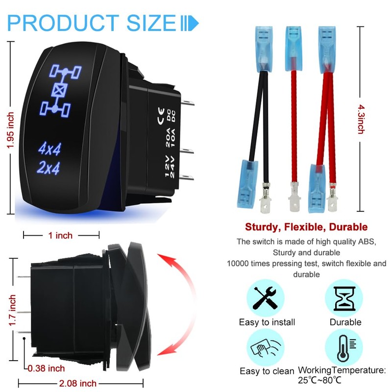 Waterproof 4x4 4x2 Rocker Switch On-Off 12V/20A 24V/10A 5Pin SPST