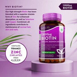 Biotin Hair Growth Supplement 12,000mcg with Zinc, Selenium & Copper - Full Year Supply 365 Vegan High Strength Biotin Tablets for Hair - Supports Hair, Skin & Nail Growth - Hair Growth - Nutravita