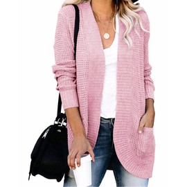 Flovey Womens Long Sleeve Open Front Cardigans Chunky Knit Draped Sweaters Outwear with Pockets (Pink, S)