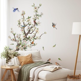Wall Sticker White Blossom Flower Wall Sticker Birds on Tree Branch Wall Sticker for Living Room Bathroom Bedroom Kitchen