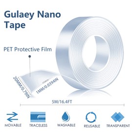 Gulaey Nano Adhesive Tape, Double Sided Tape Heavy Duty, Nano Tape,Multipurpose No-Trace Removable Glue Tape,Washable Strong Sticky Wall Tape Strips for Paste Items,Household (5M/16.4FT)