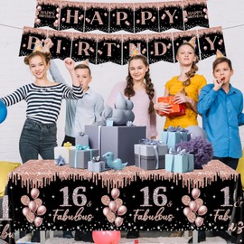 16th Birthday Decorations - Rose Gold and Black Glitter Tablecloths Set for Girls - 3Pcs Table Cover Disposable Supplies