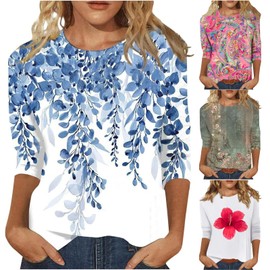 3/4 Length Sleeve Womens Tops Plus Size 3/4 Sleeve Blouse Women Spring Summer Travel Loose Fit Comfy Tee Shirts Women's Floral Print Crew Ncek Top Blue L