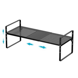 IPEGTOP Extendable Metal Cupboard Shelf, Stackable Kitchen Organiser, Height Adjustable Spice Rack, Heavy Duty for Cabinet, Worktop, Pantry, Bathroom & Garage, Black